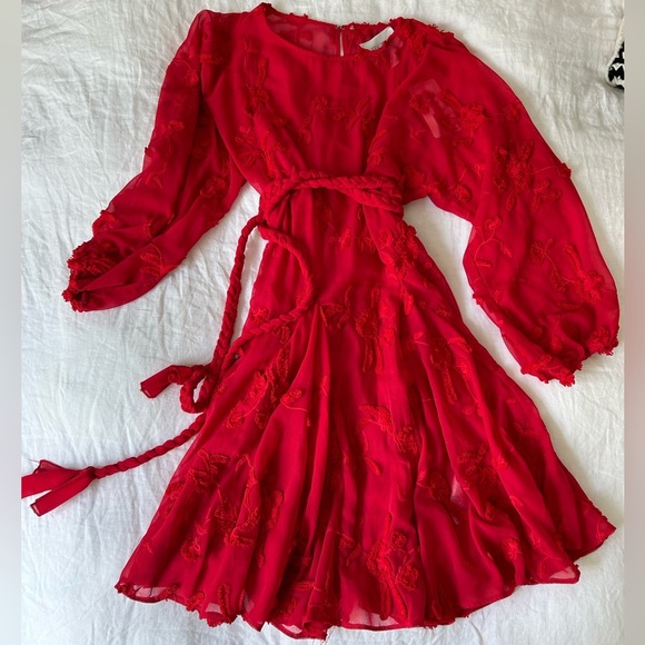 Anthropologie Mare Mare Textured Red Floral Embroidered Dress with Belt - Picture 2 of 7